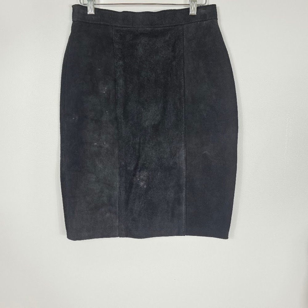 Vtg‎ American Signature Black Suede Leather Skirt  Tailored Classic Minimalist